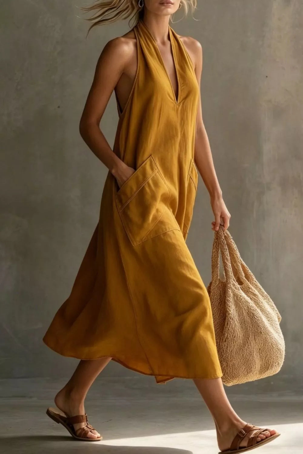 Casual Halter Neck Pocket Midi Dress (11)