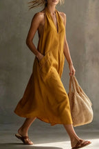 Casual Halter Neck Pocket Midi Dress (11)
