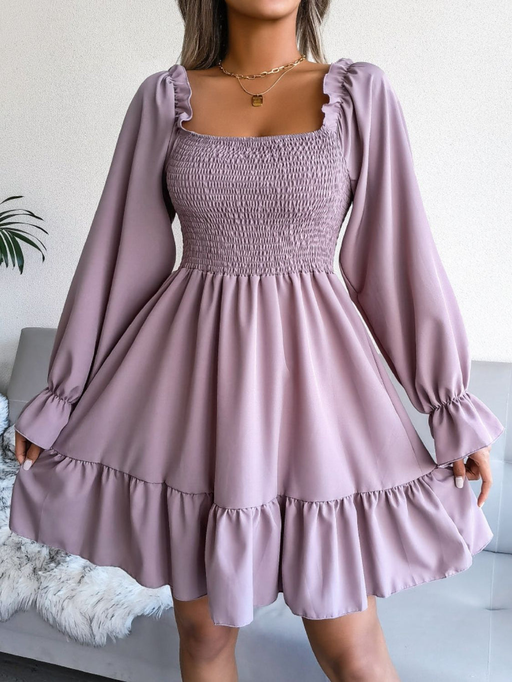Smocked Flounce Sleeve Square Neck Dress (6)