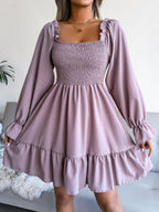 Smocked Flounce Sleeve Square Neck Dress (6)