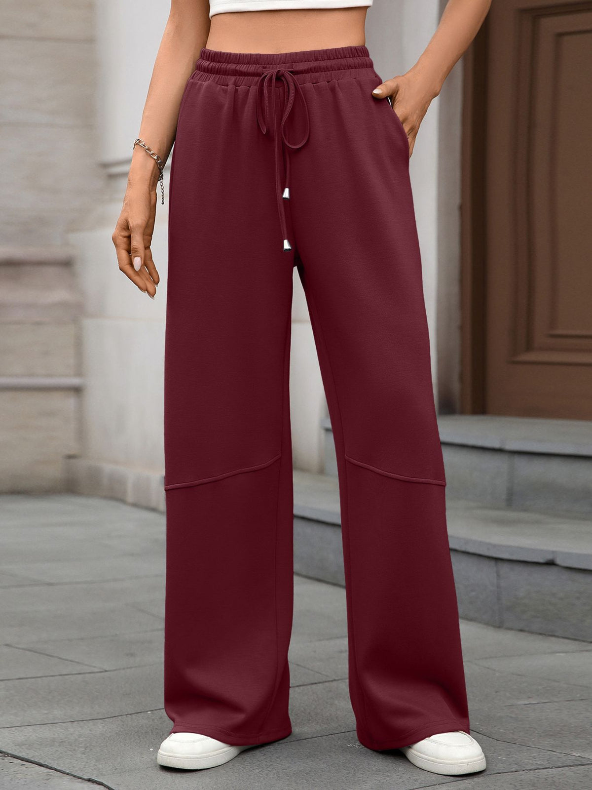 Drawstring High Waist Wide Leg Casual Pants (23)