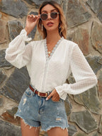 Lace Detail V-neck Swiss Dot Blouse