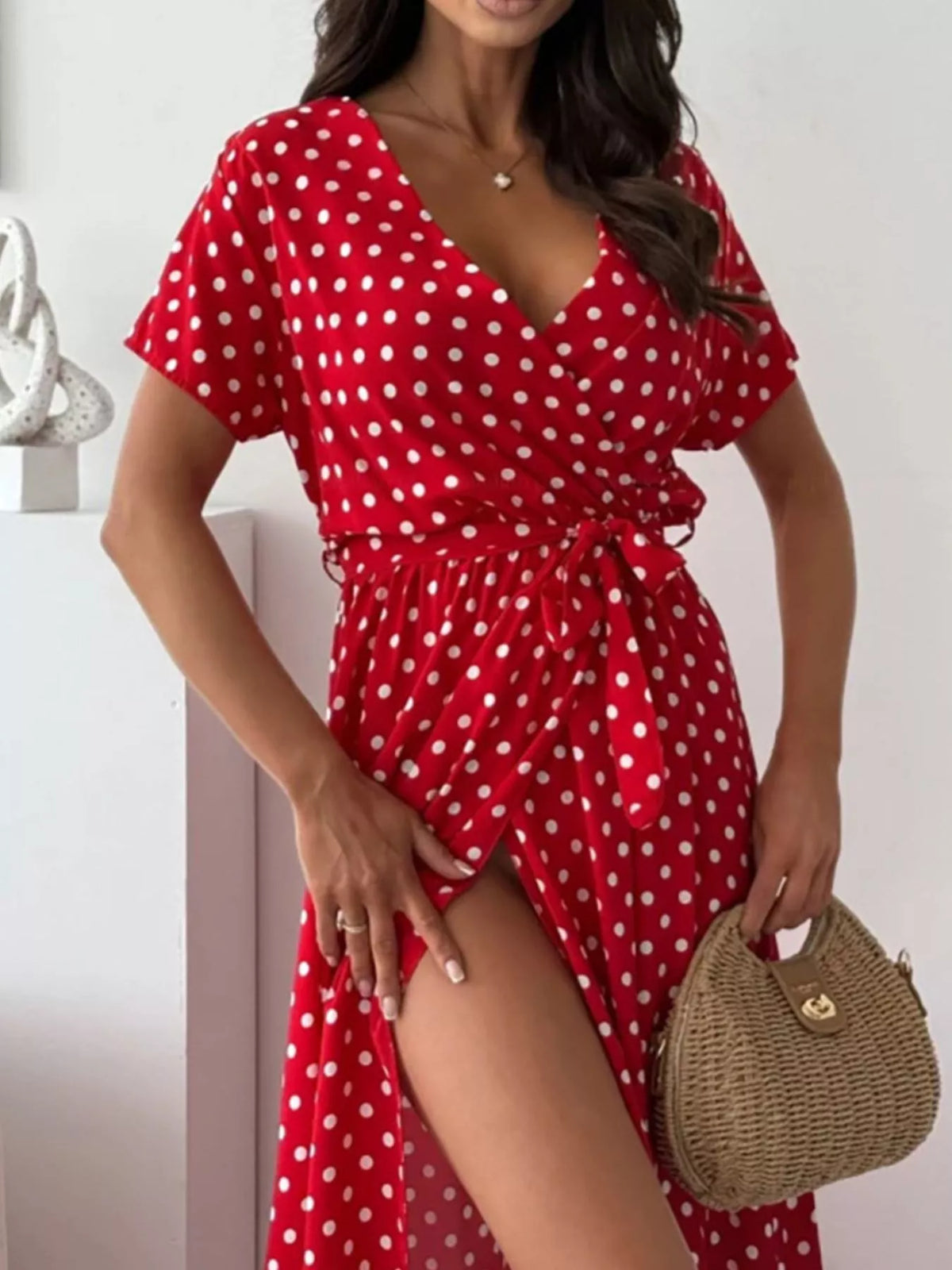 Polka Dot Surplice Maxi Dress Slit (8)