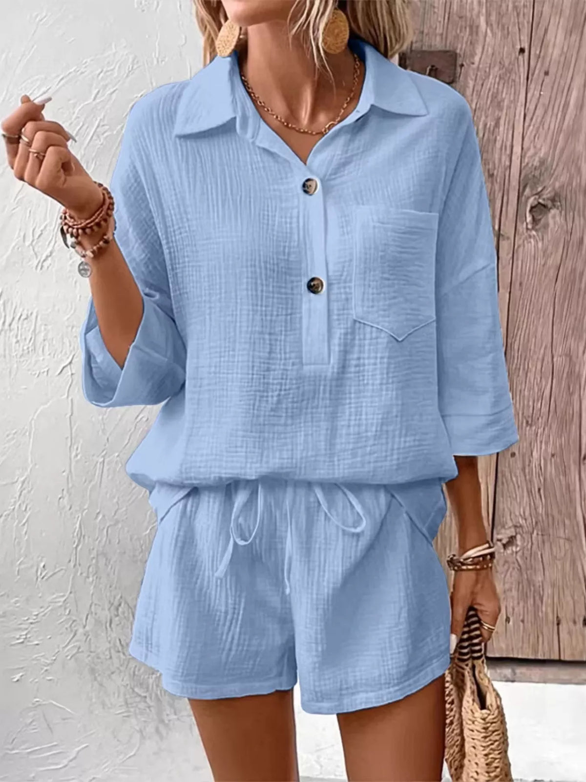 Button Detail Top Shorts Set (22)