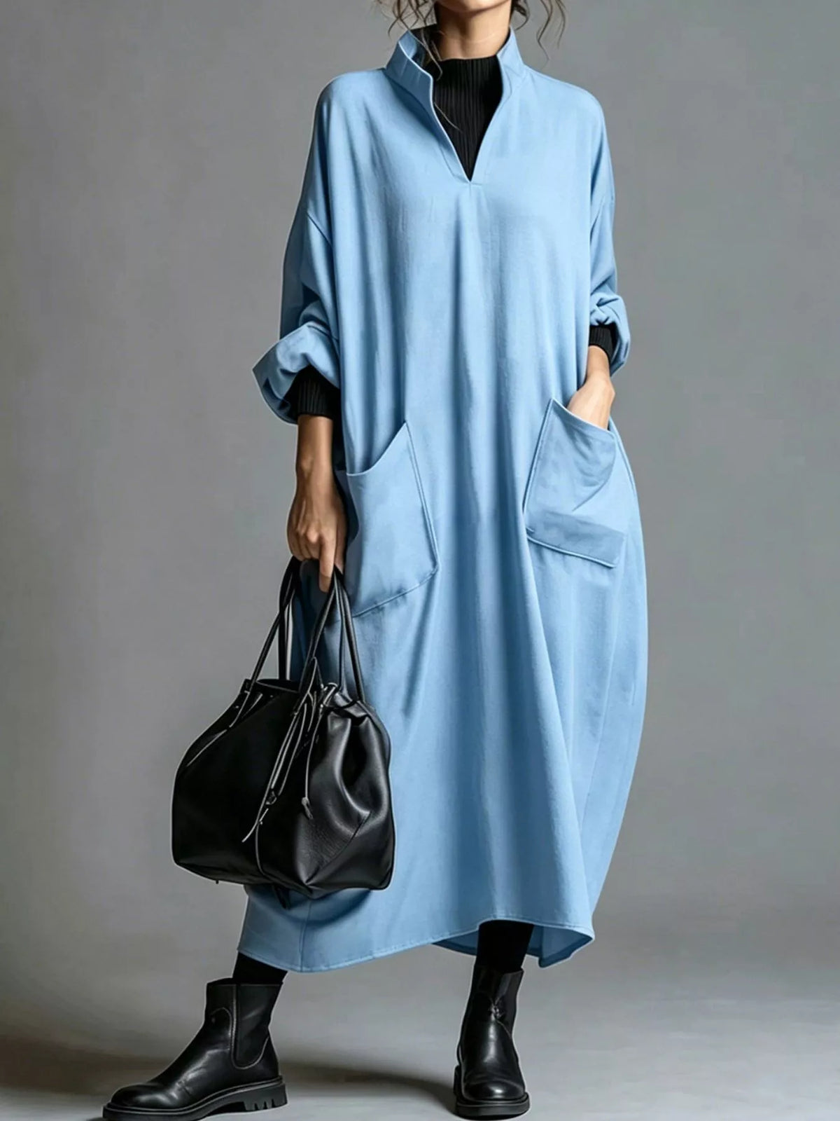 Full Size Loose-fit Mock Neck Midi Dress Pockets Plus (16)