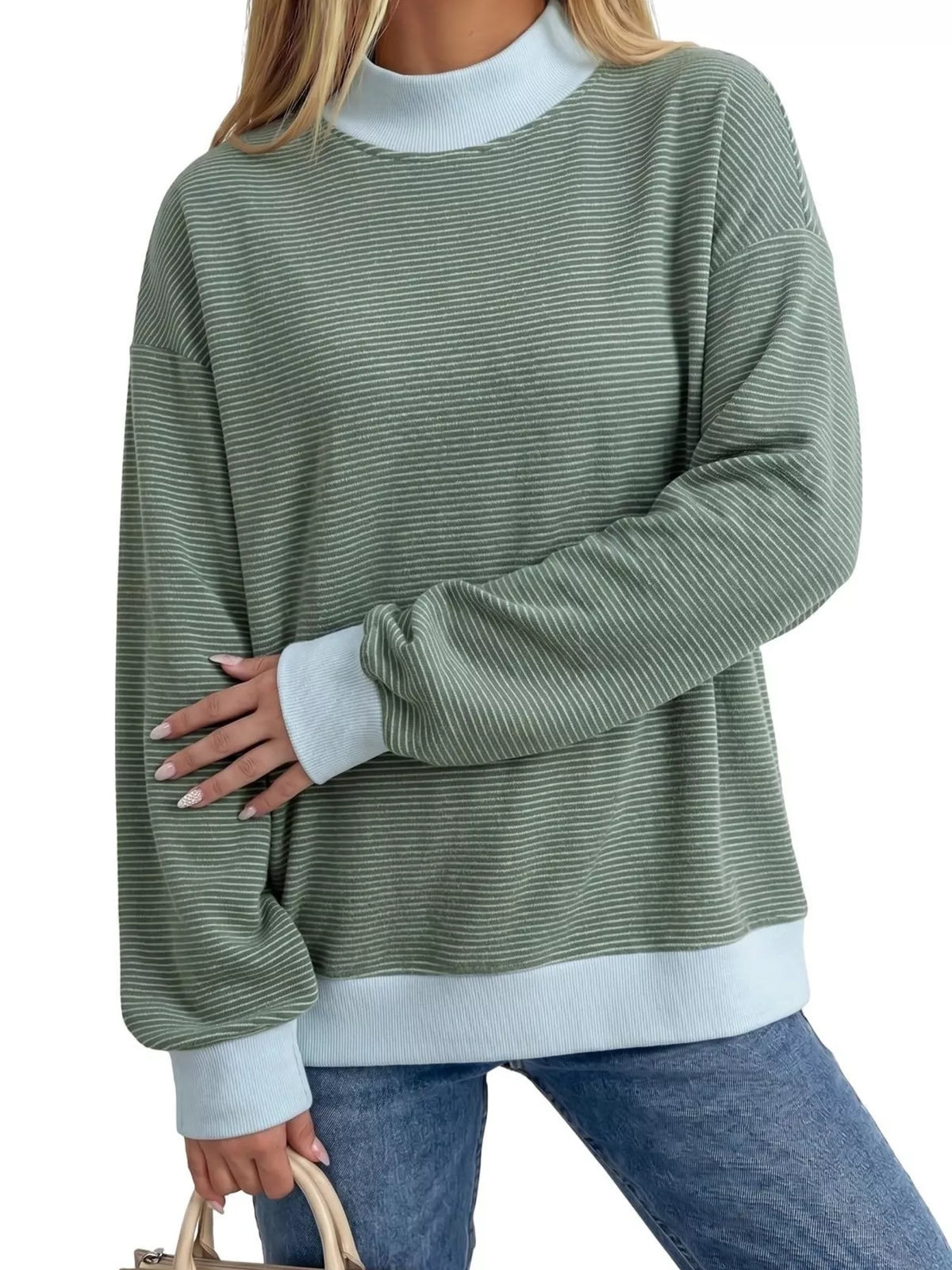 Casual Mock Neck Striped Long Sleeve T-shirt