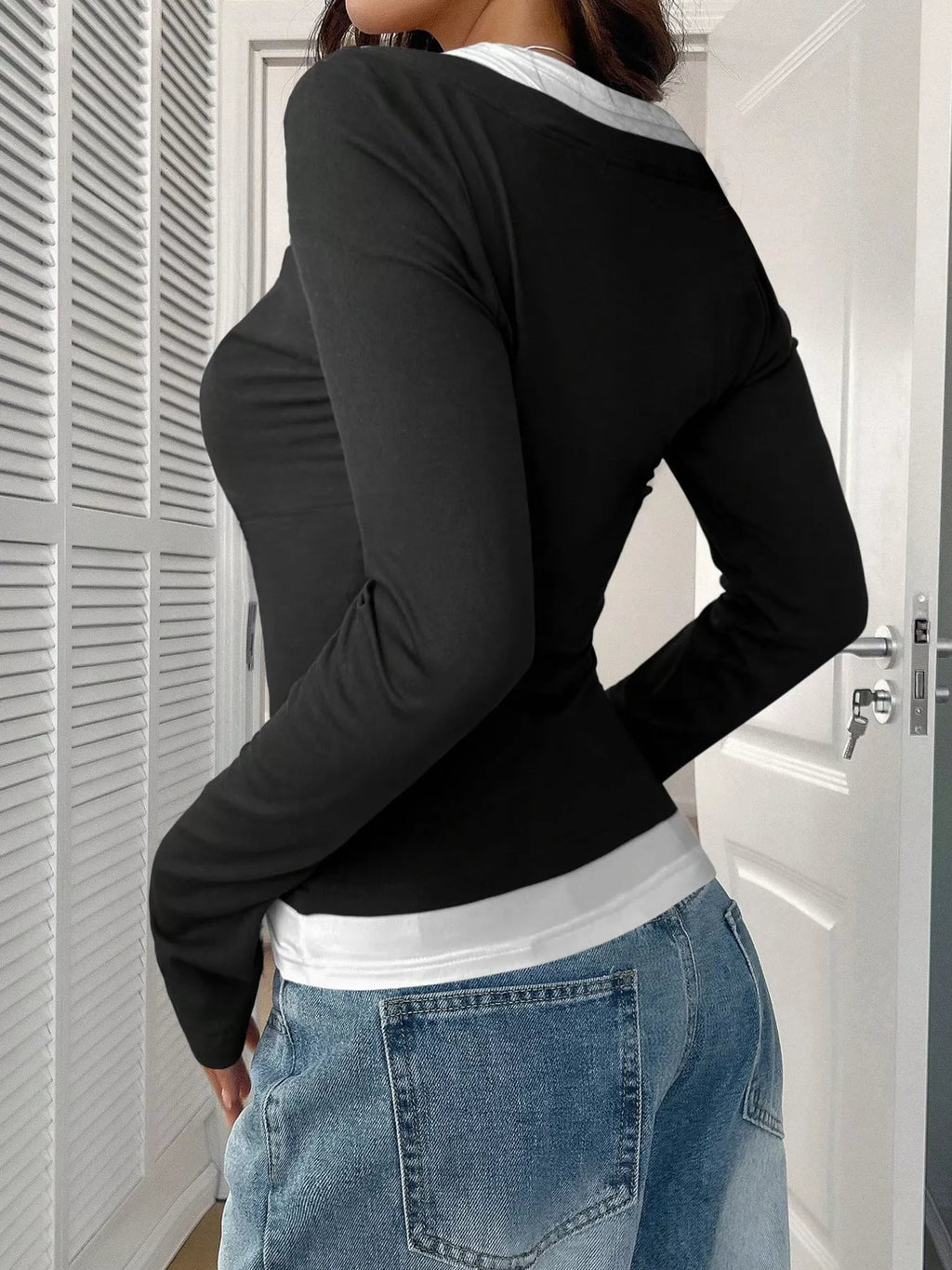 Scoop Neck Long Sleeve Fake Two-piece T-shirt (17)