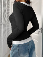 Scoop Neck Long Sleeve Fake Two-piece T-shirt (17)