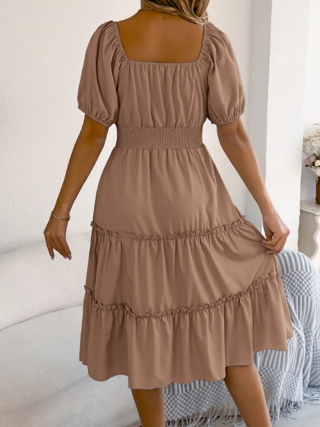Square Neck Short Puff Sleeve Dress (13)