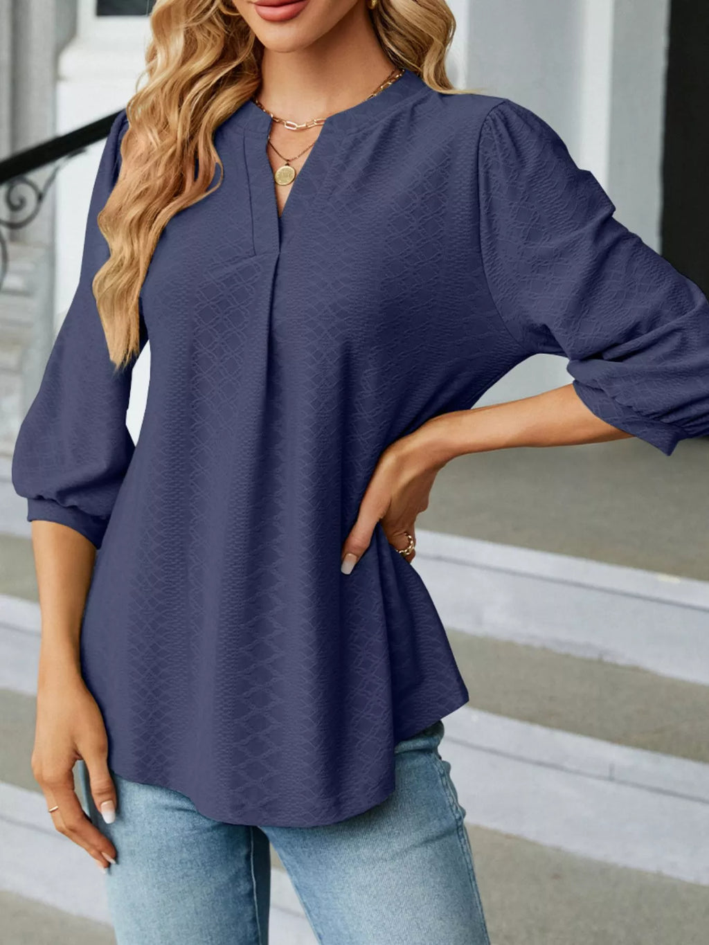 Notched 3/4 Sleeve Casual Top (21)