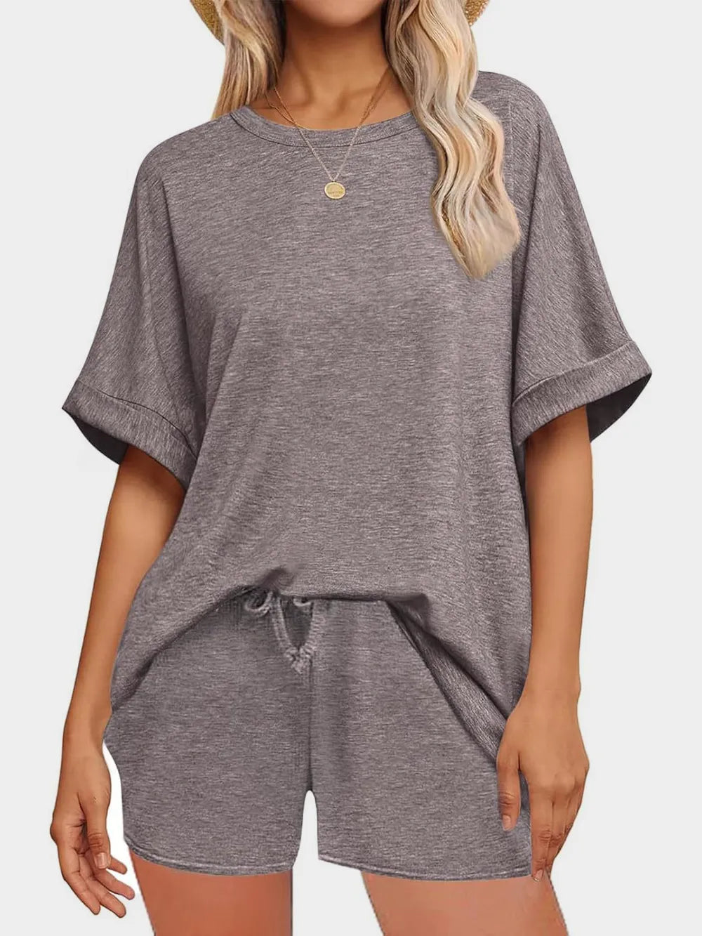 Round Neck T-shirt Drawstring Shorts Set (11)