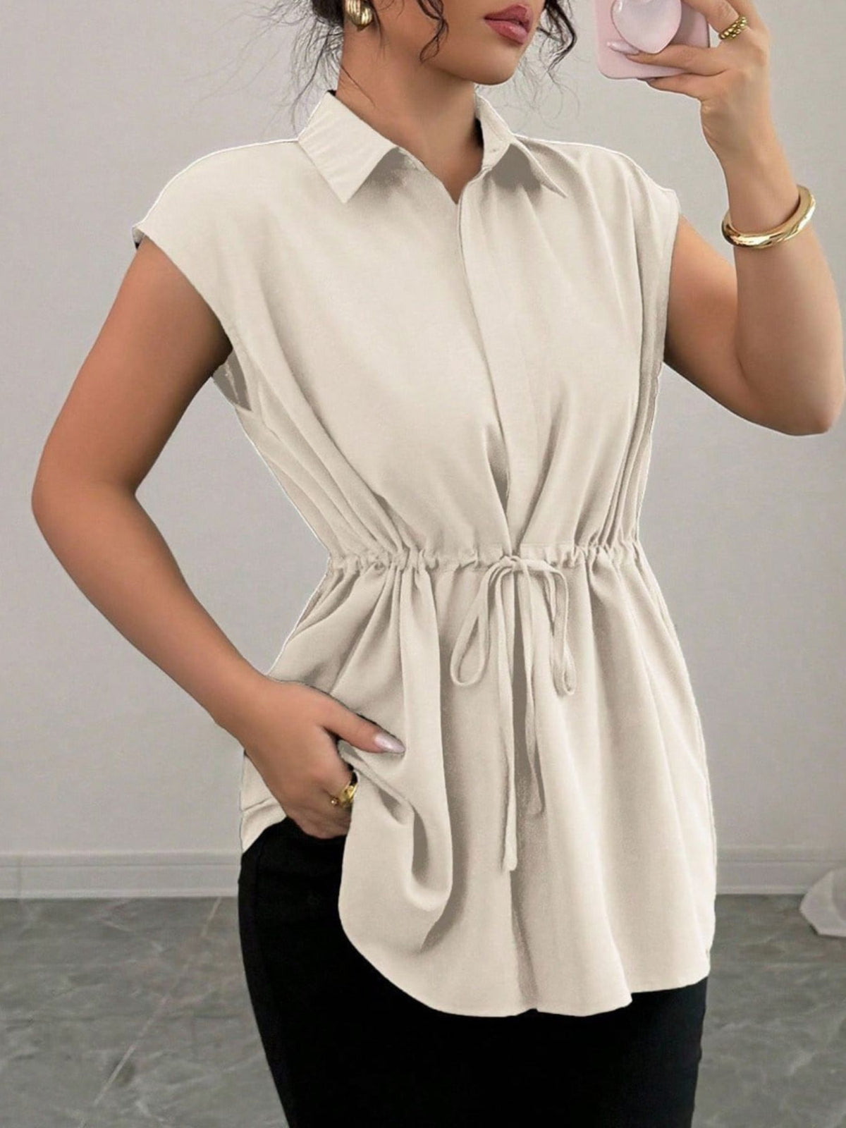 Drawstring Waist Cap Sleeve Shirt (2)