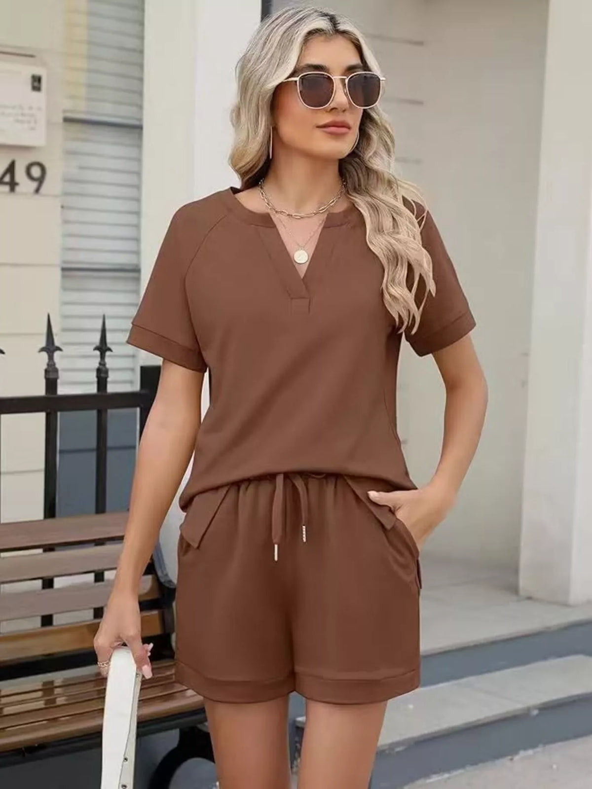 Solid Color Short Sleeve Top Shorts Two-piece Set (16)