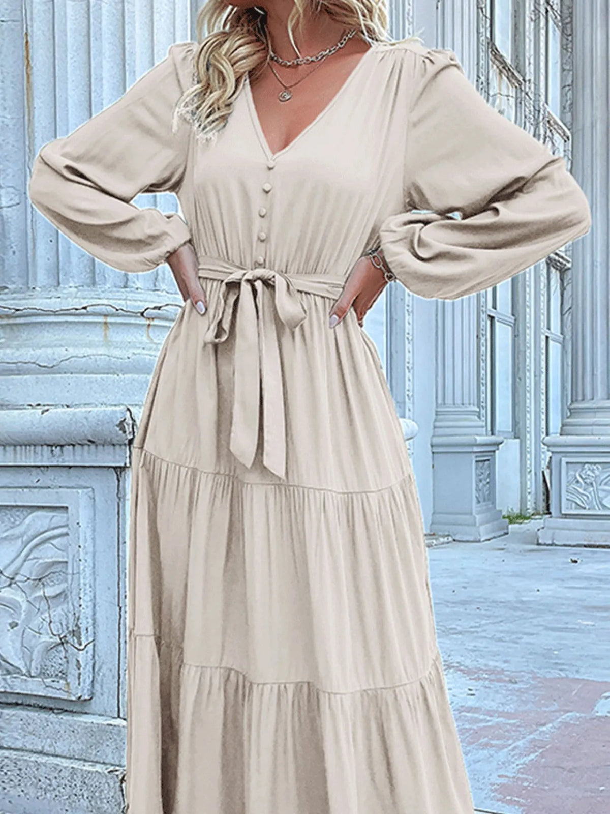Ruffled Hem V-neck Balloon Sleeve Dress (25)