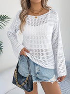 Openwork Boat Neck Long Sleeve Knit Cover Up (14)