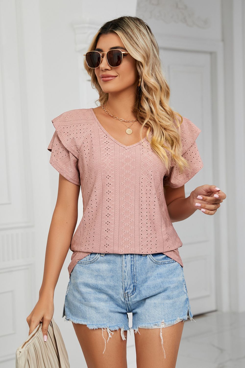 Eyelet Layered Flutter Sleeve V-neck Knit Top (4)