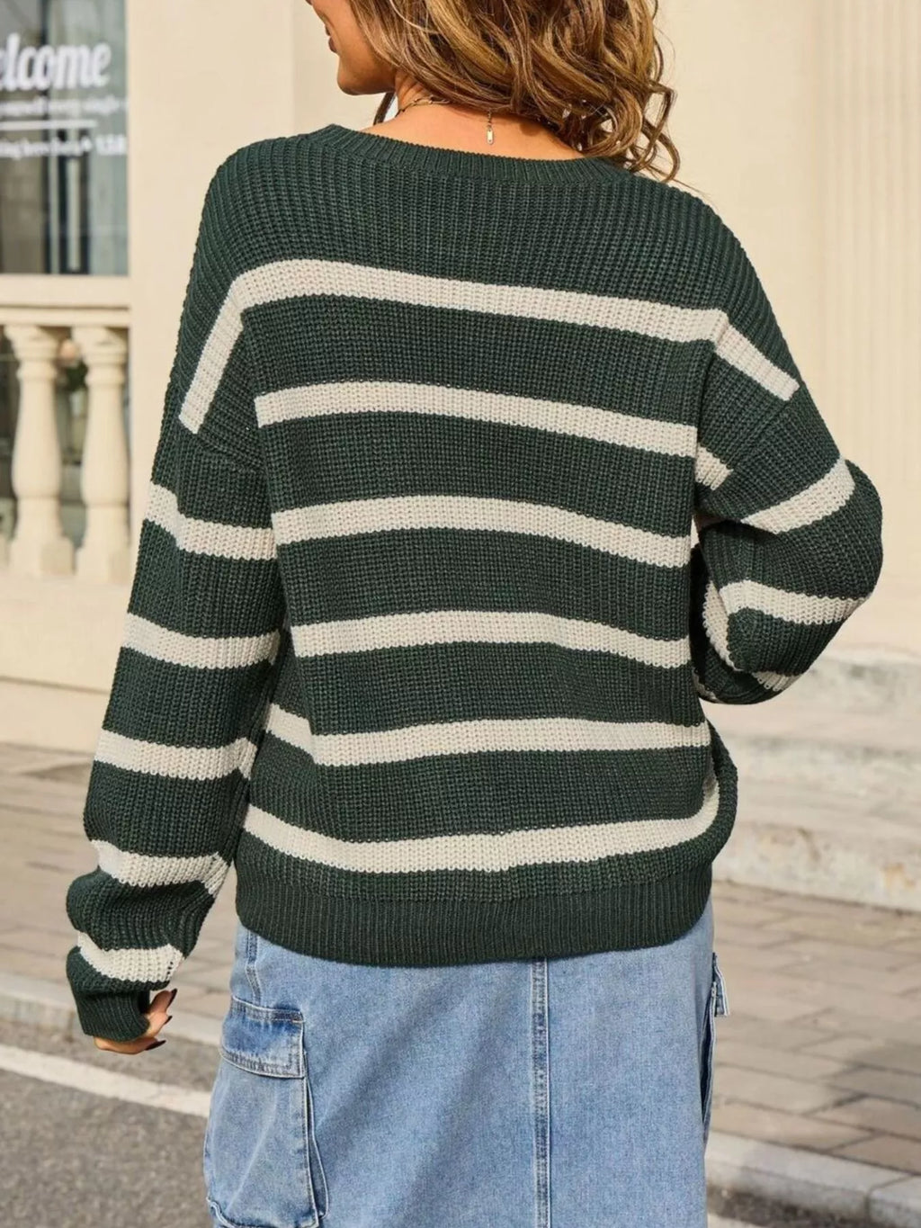 Striped Round Neck Dropped Shoulder Sweater (5)