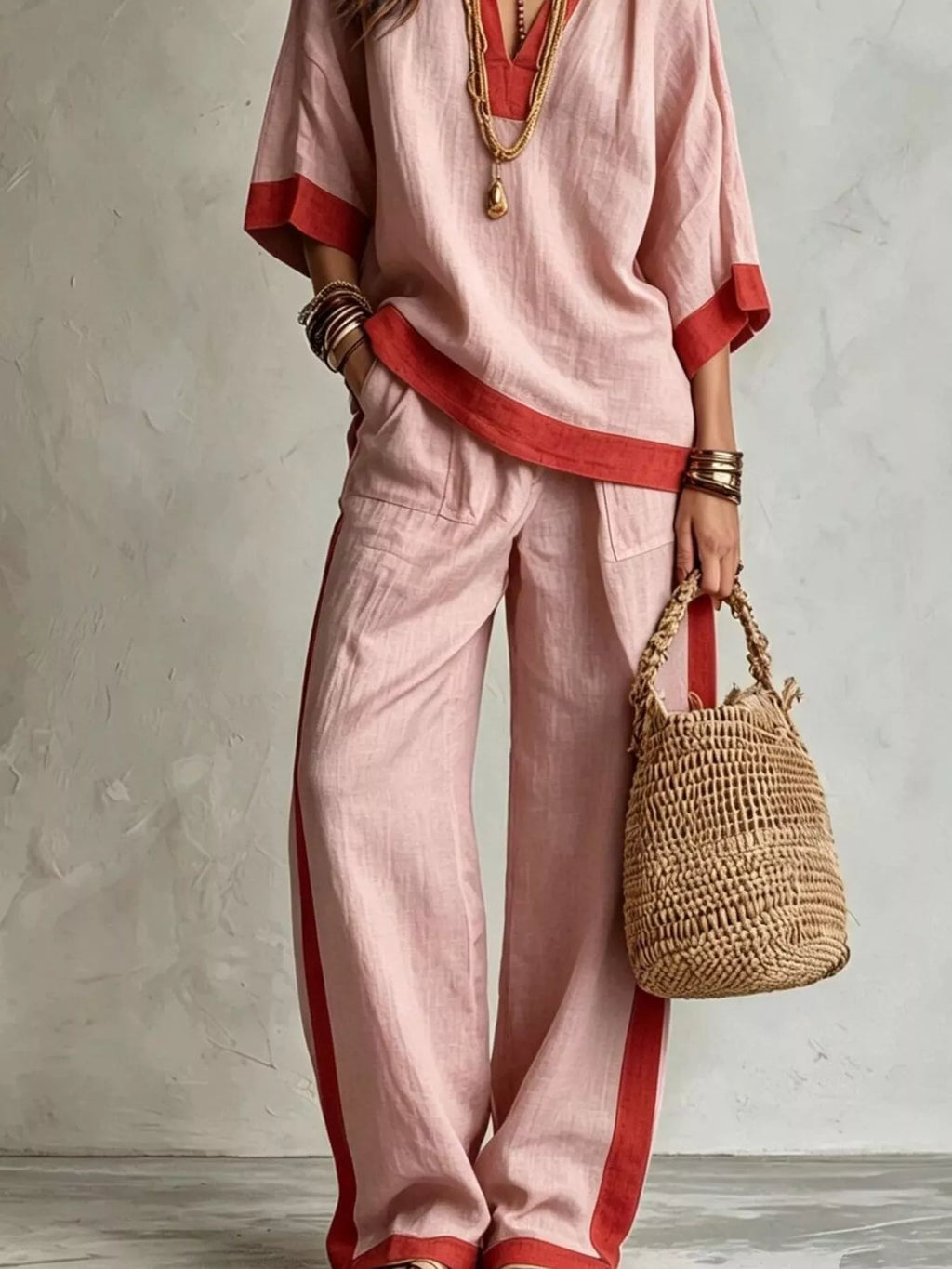 Full Size Contrast Trim Top Wide Leg Pants Set Plus (9)