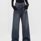 Retro Dark Blue Wide Leg Jeans Baggy Straight Trousers photo 14