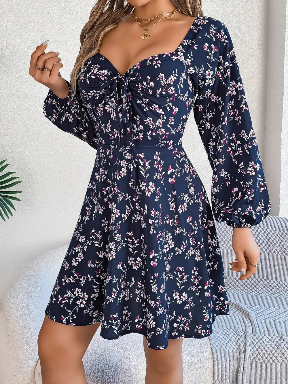 Printed Sweetheart Neck Balloon Sleeve Mini Dress (6)
