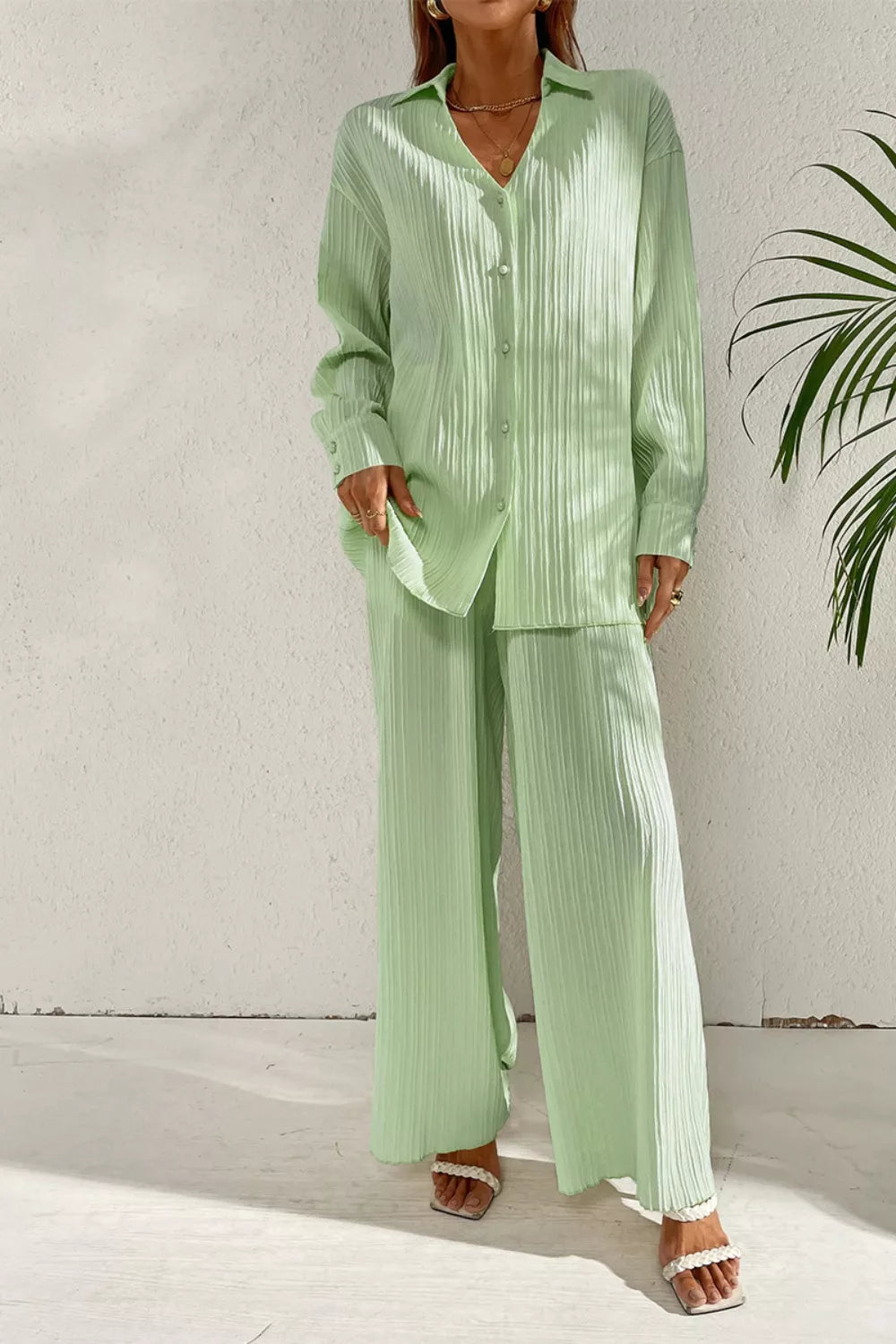Long Sleeve Shirt Wide Leg Pants Set (9)