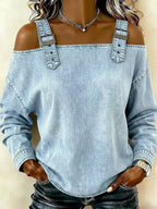 Full Size Buckle Strap Long Sleeve Denim Top Plus
