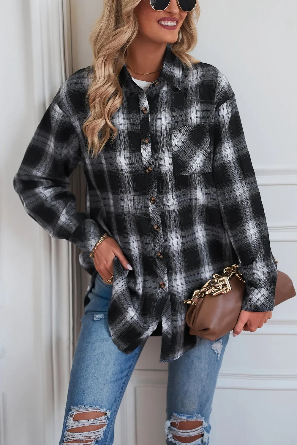 Plaid Button Up Dropped Shoulder Outerwear (5)