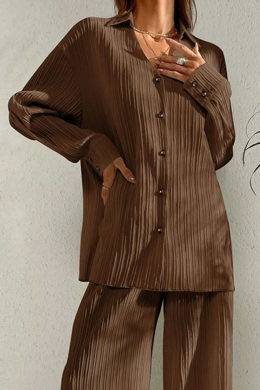 Johnny Collar Button Down Top Pants Set (8)