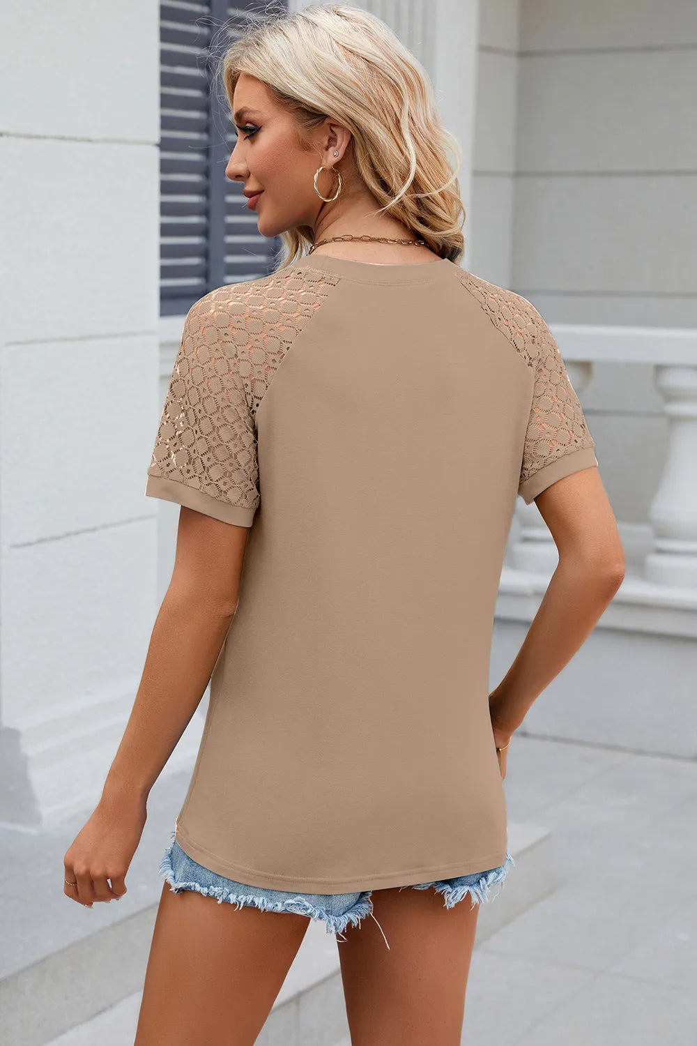 Openwork Round Neck Short Sleeve T-shirt (21)
