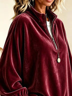 Velvet Quarter-zip Sweatshirt Ruffled Cuffs (2)
