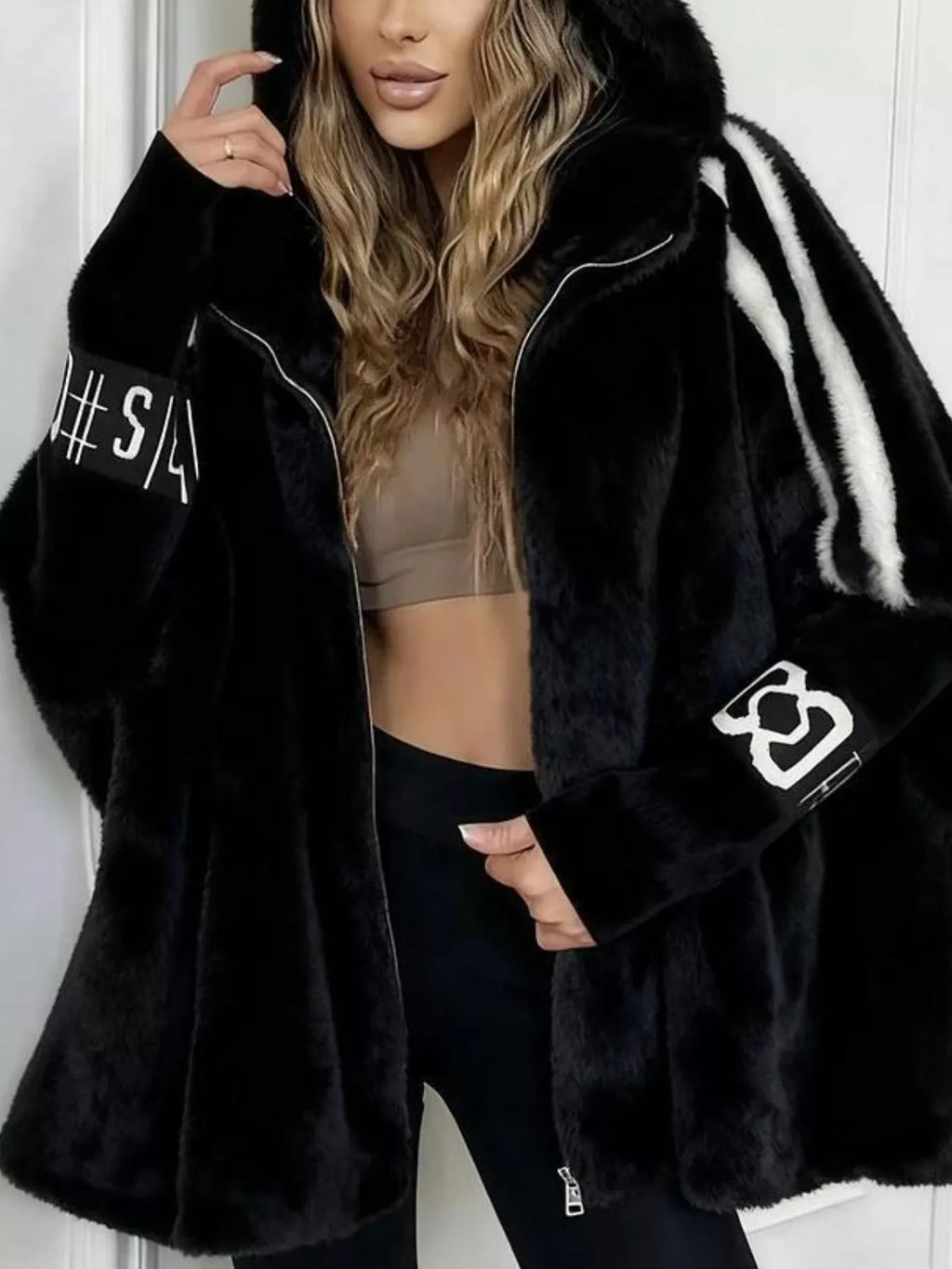 Hooded Faux Fur Striped Trim Outerwear (4)