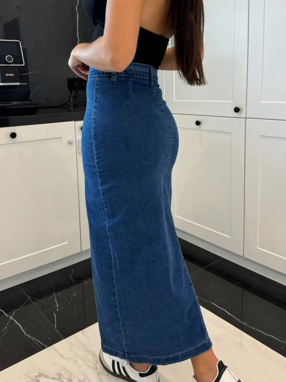 Front Button Slit Midi Denim Skirt (10)