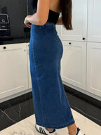 Front Button Slit Midi Denim Skirt (10)