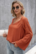 V-neck Spliced Lace Flare Sleeve Top (10)