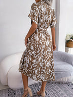 Printed Collared Neck Short Sleeve Tie Waist Dress (10)