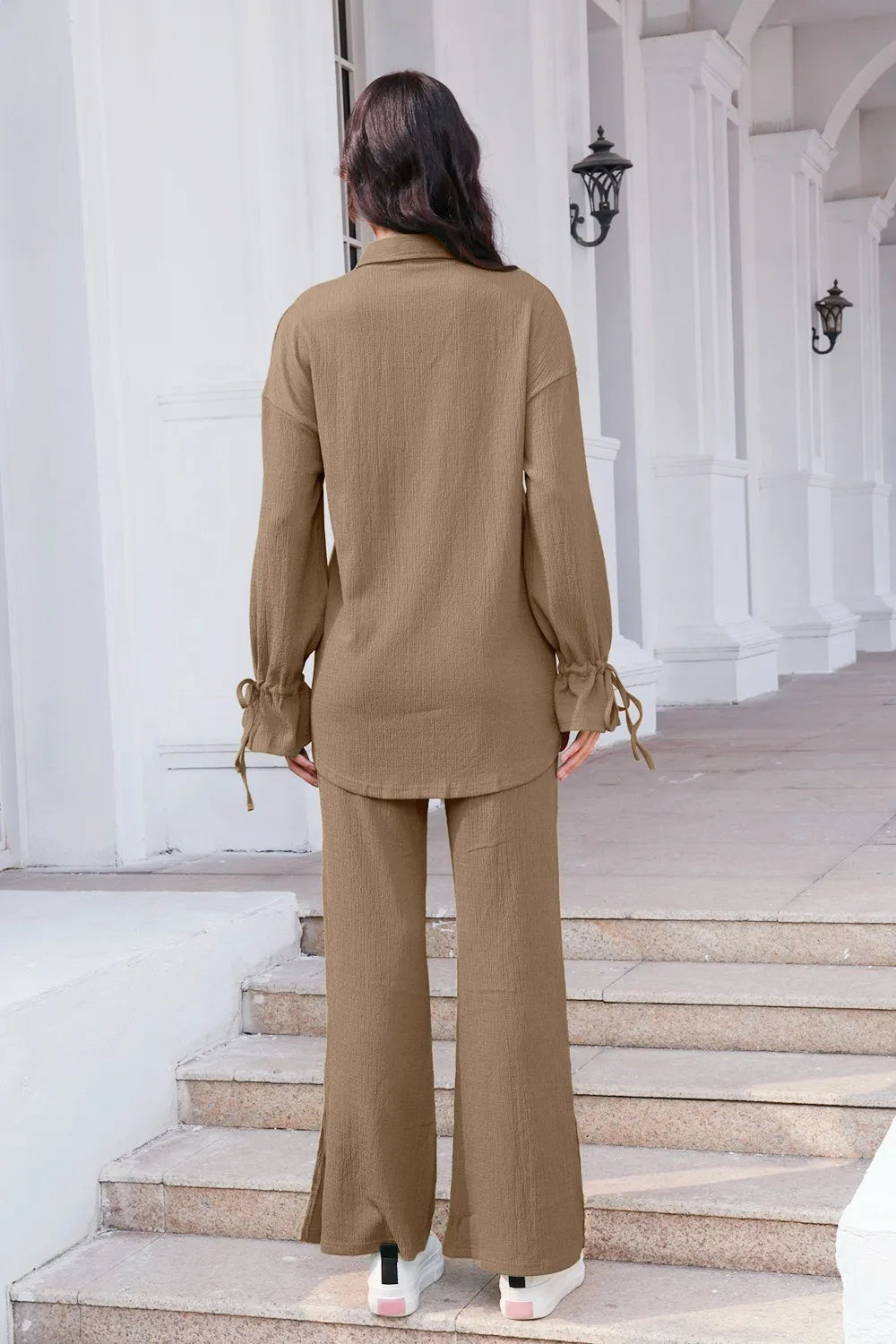 Drawstring Flounce Sleeve Shirt Pants Set (2)