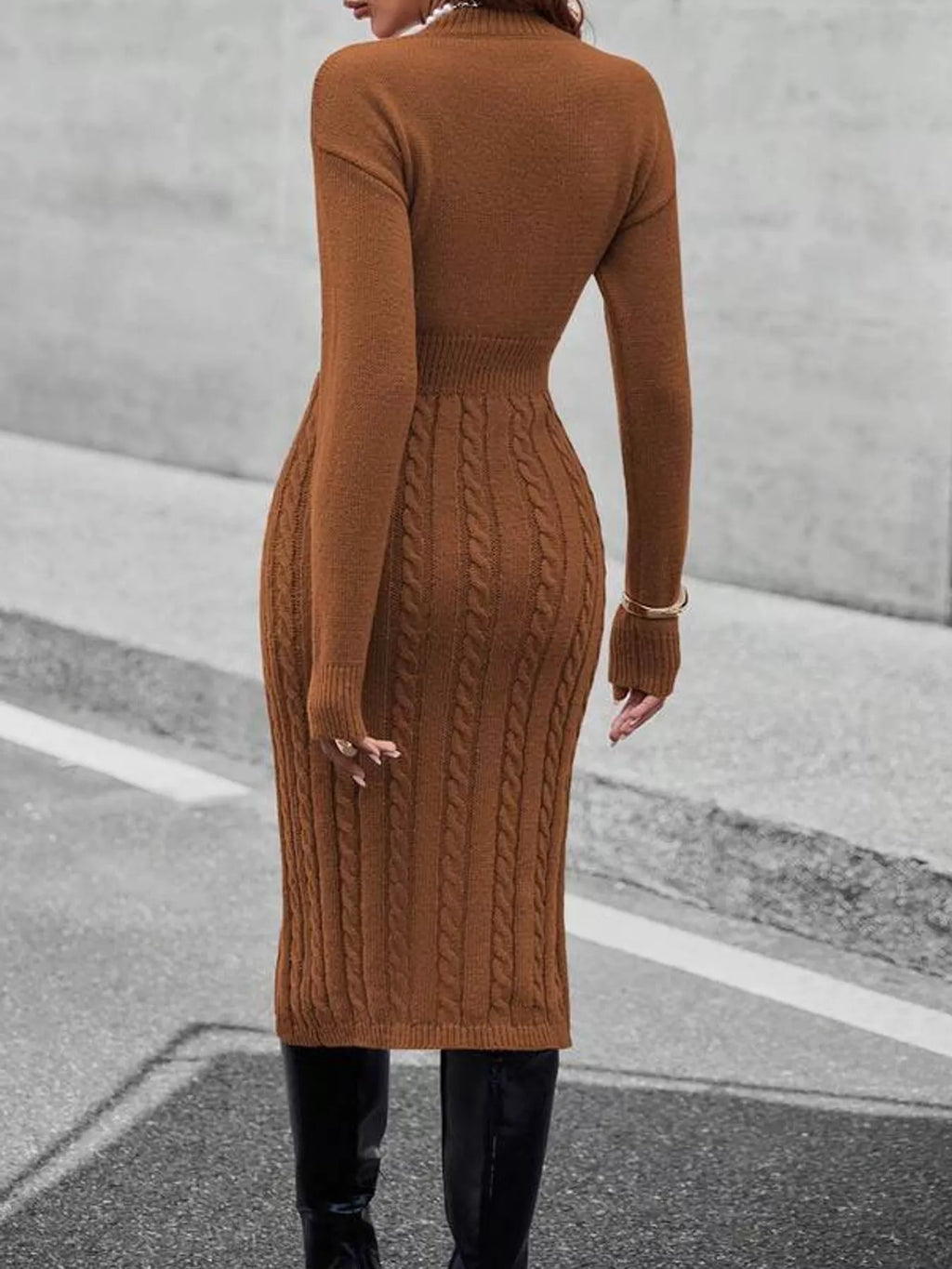 Full Size Mock Neck Cable Knit Sweater Dress Front Slit Plus (6)