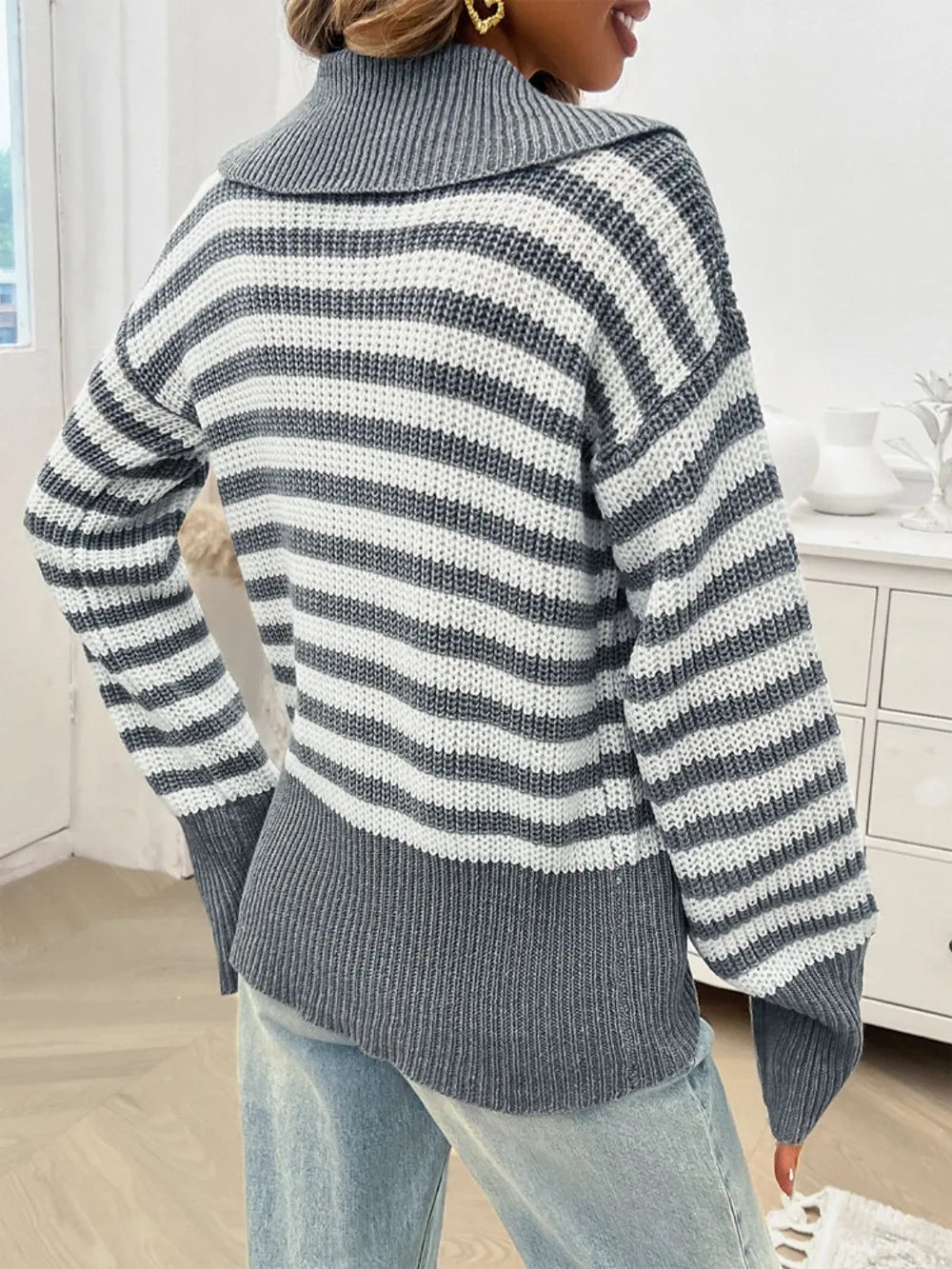 Striped Collared Neck Long Sleeve Sweater (21)