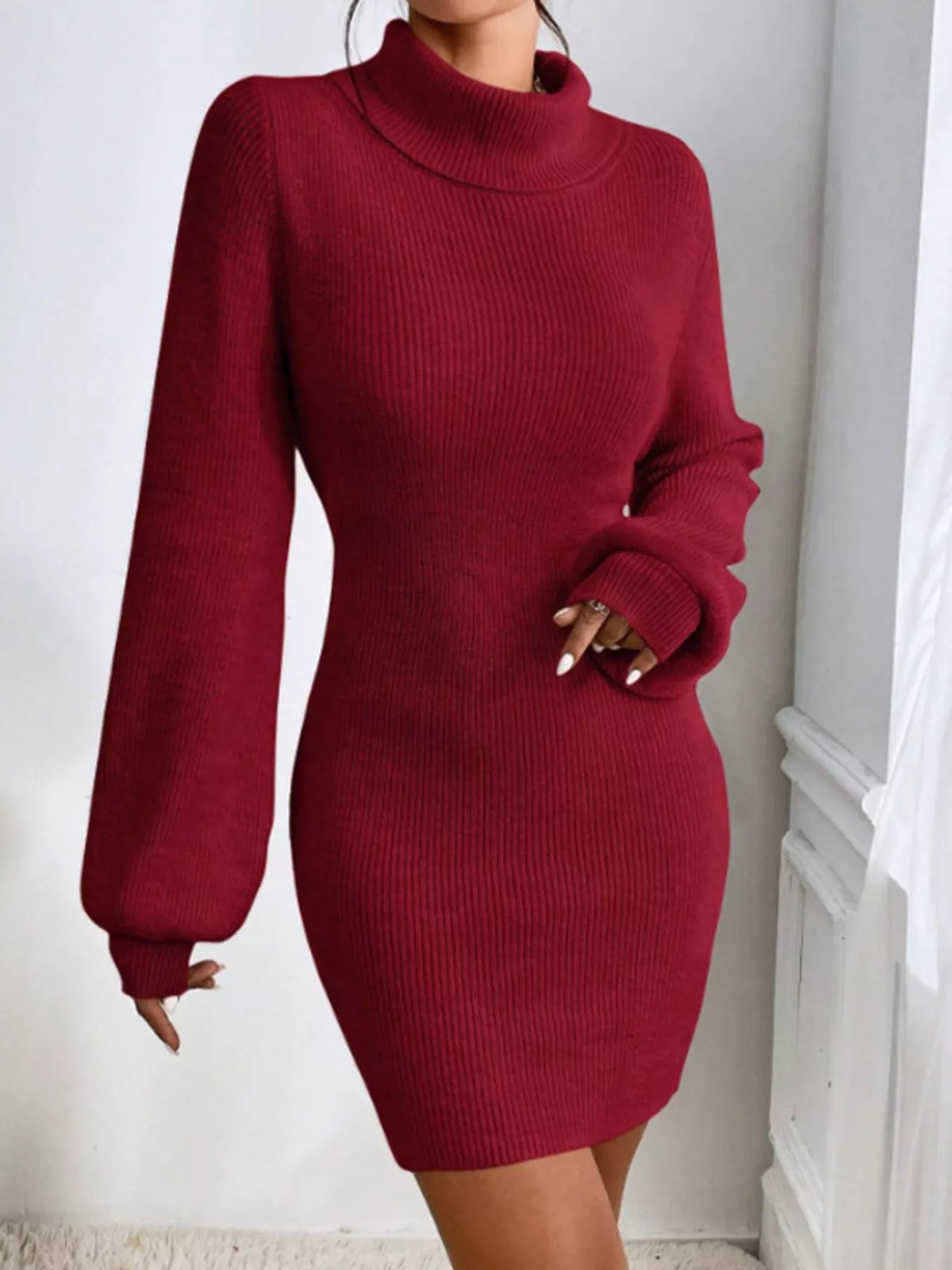 Turtleneck Ribbed Knit Sweater Dress (21)