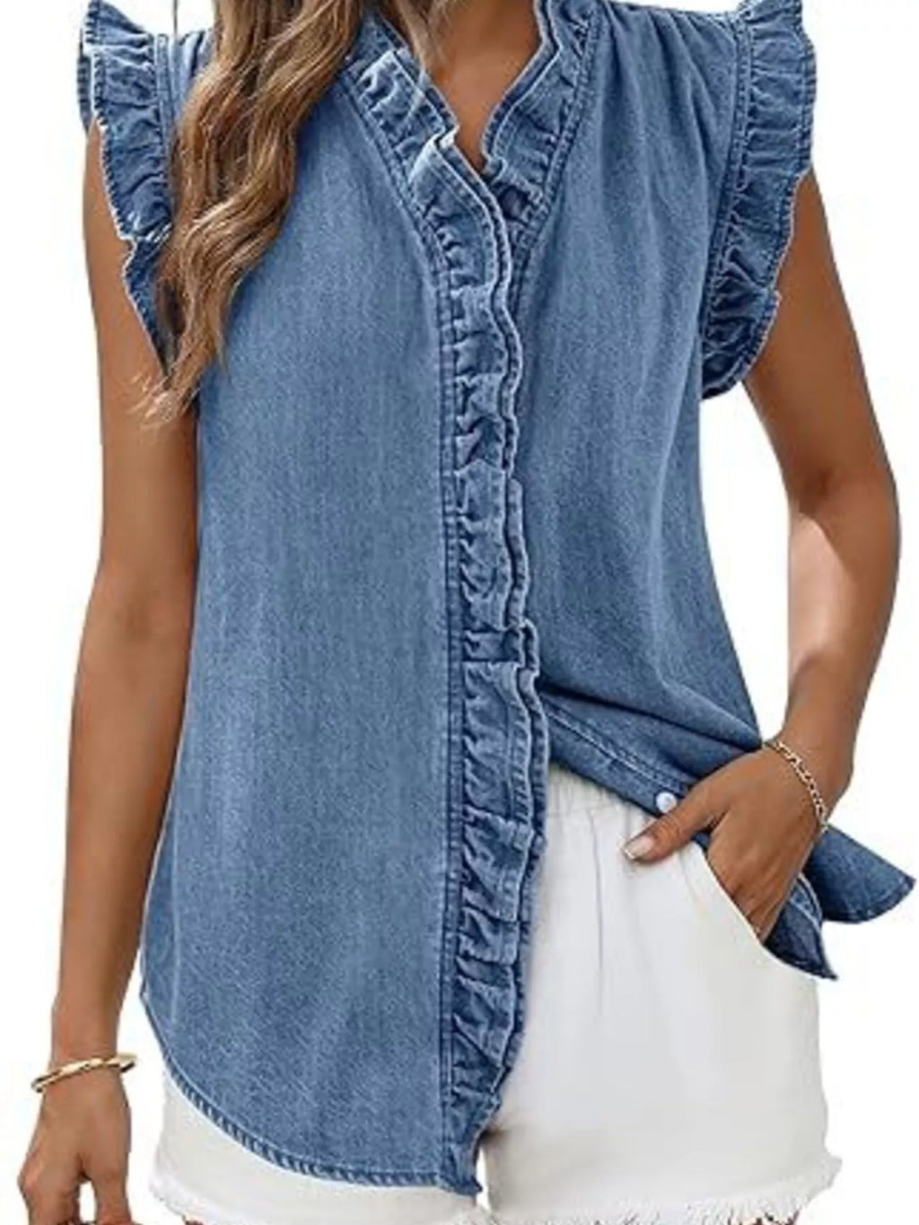 Ruffle Trim V-neck Sleeveless Denim Top (2)