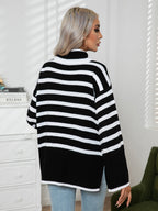 Striped Slit Turtleneck Drop Shoulder Sweater (2)