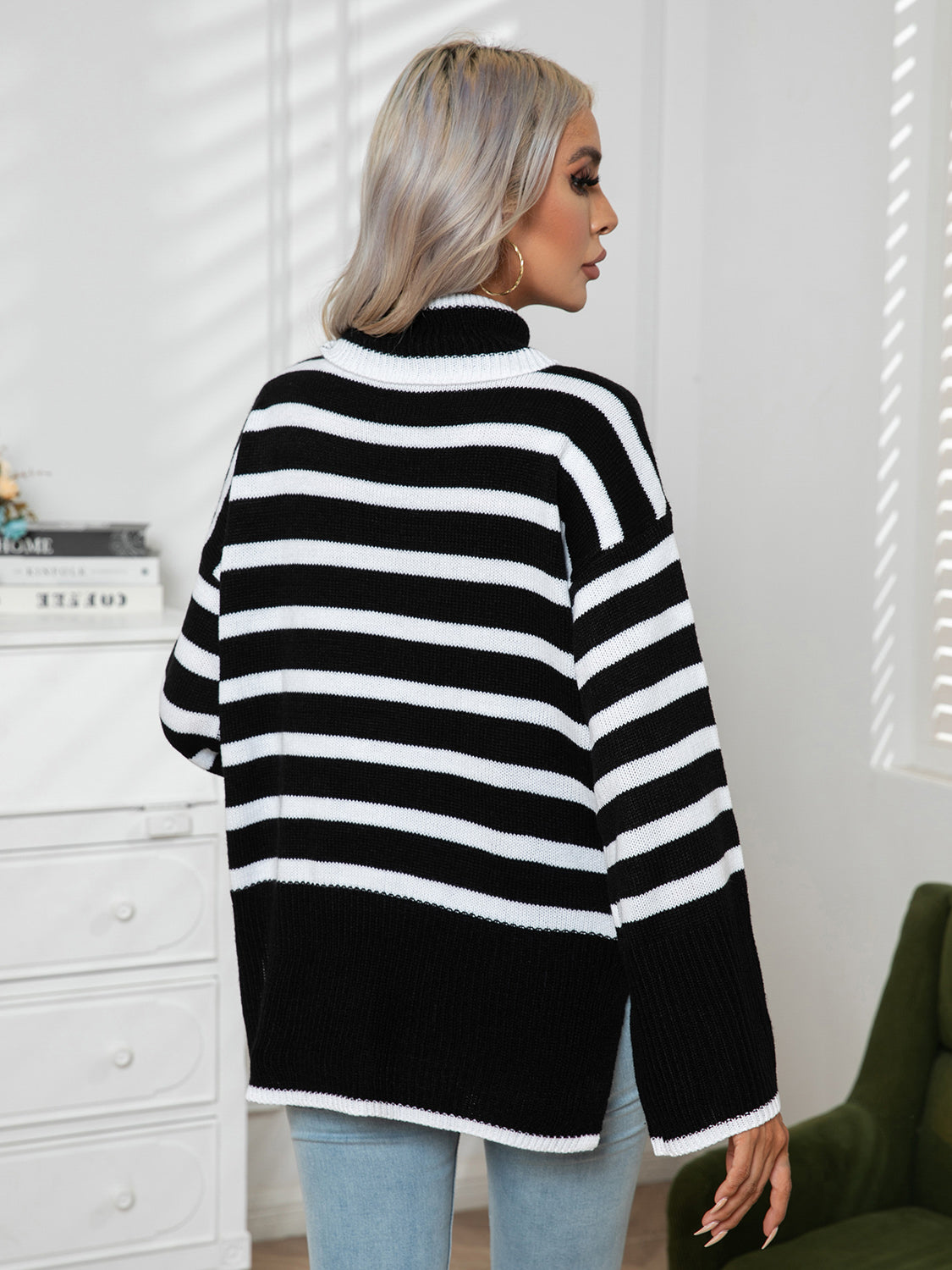 Striped Slit Turtleneck Drop Shoulder Sweater (2)