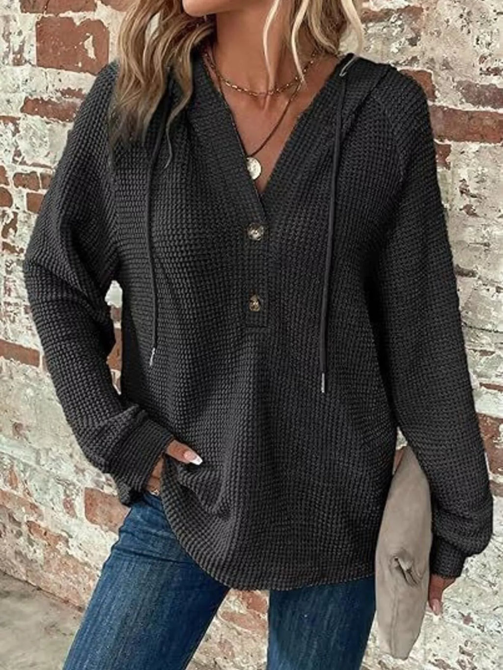 Full Size Button Detail Waffle Knit Hoodie Plus (6)