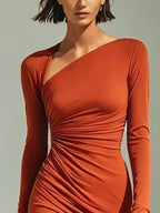 Asymmetrical Neck Ruched Long-sleeve Dress (2)