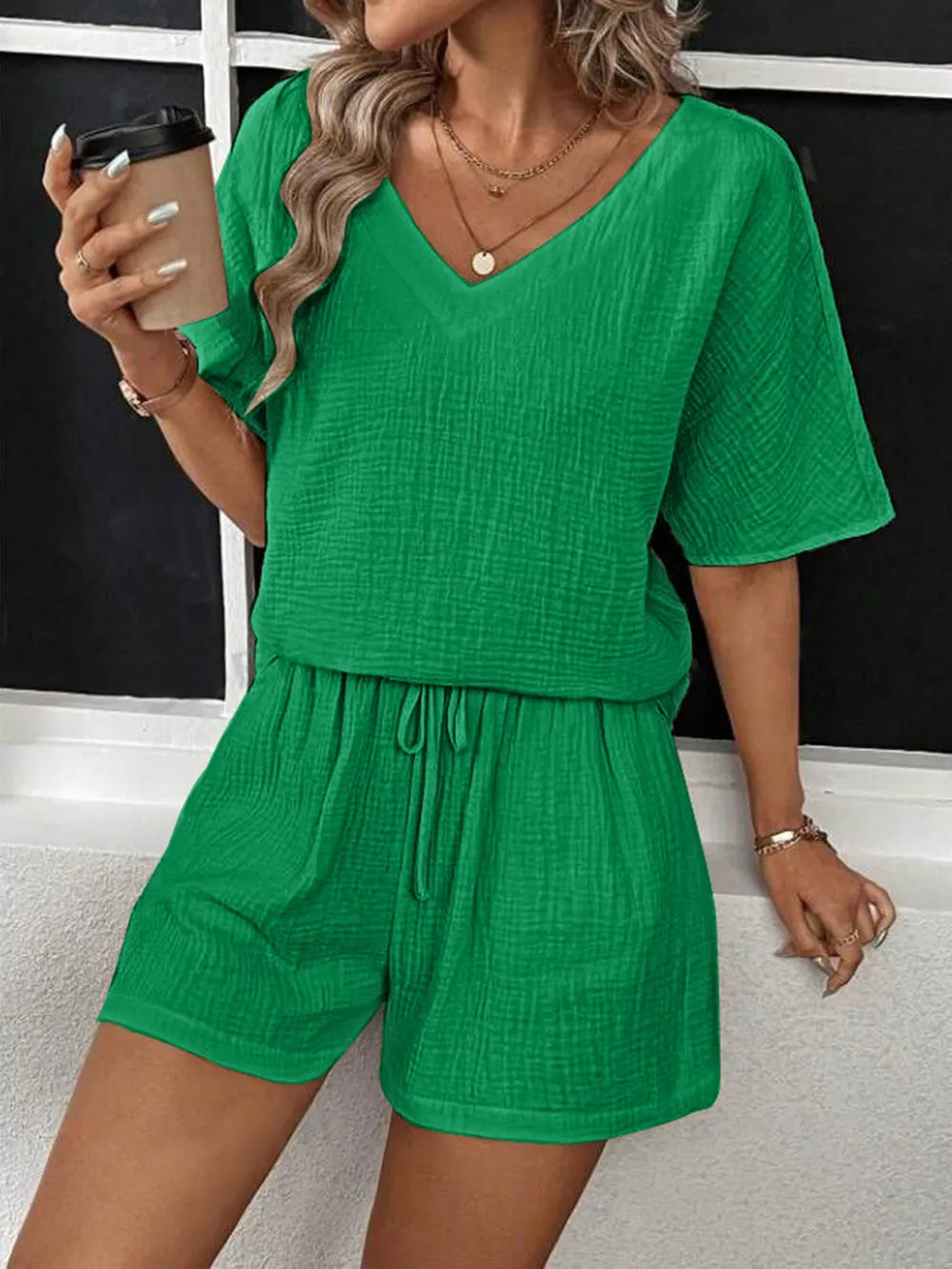 V-neck Half Sleeve Top Shorts Set (9)