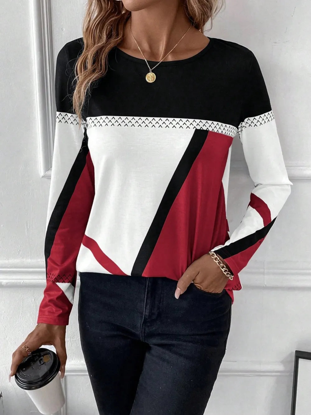 Contrast Round Neck Long Sleeve T-shirt (12)