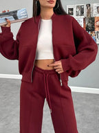 Baseball Collar Zip Up Outerwear Drawstring Pants Set (3)