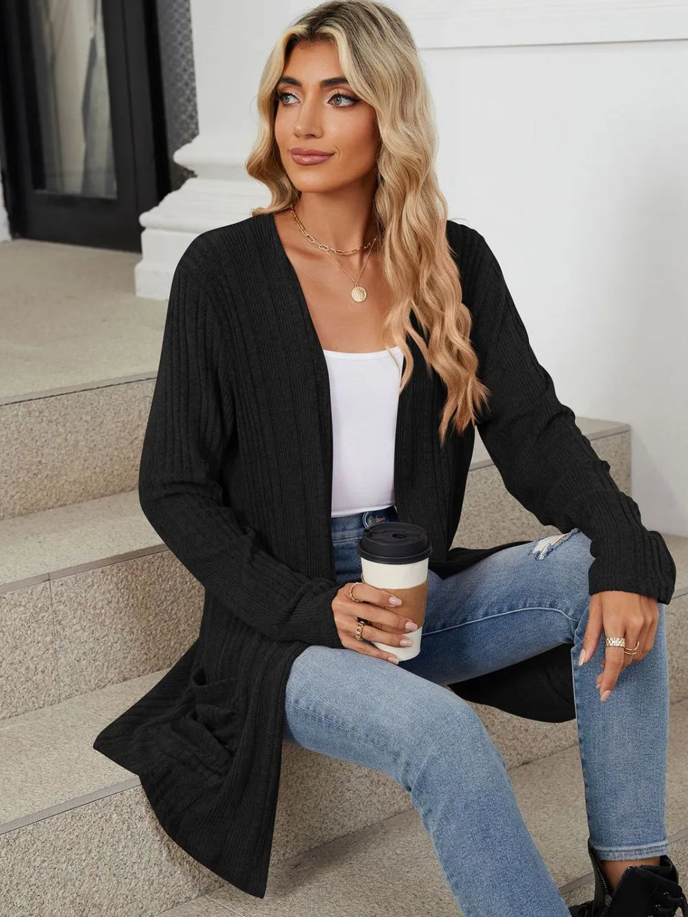 Pocketed Open Front Long Sleeve Cardigan (36)