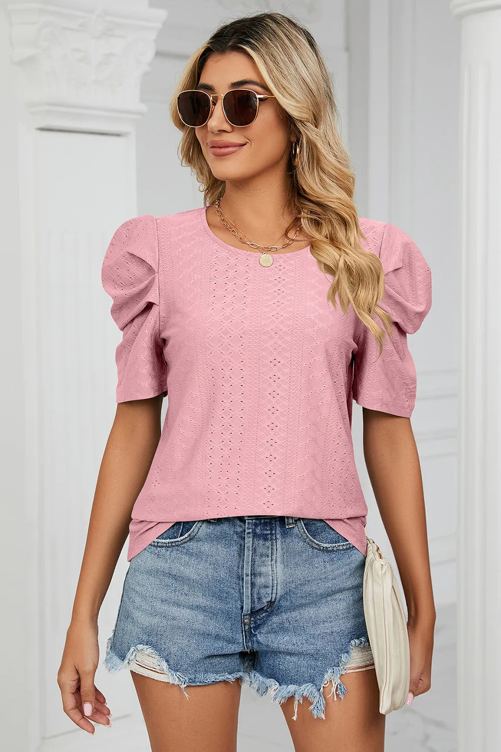 Eyelet Round Neck Puff Sleeve T-shirt (3)