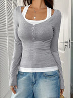 Scoop Neck Long Sleeve Fake Two-piece T-shirt (4)